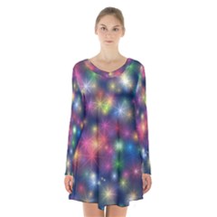 Abstract Background Graphic Space Long Sleeve Velvet V-neck Dress