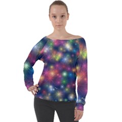 Abstract Background Graphic Space Off Shoulder Long Sleeve Velour Top