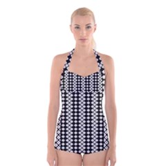 White Plaid Texture Boyleg Halter Swimsuit 