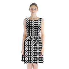 White Plaid Texture Sleeveless Waist Tie Chiffon Dress