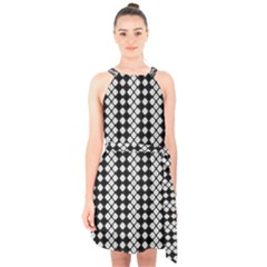 White Plaid Texture Halter Collar Waist Tie Chiffon Dress