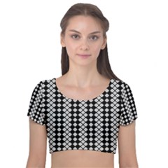 White Plaid Texture Velvet Short Sleeve Crop Top 