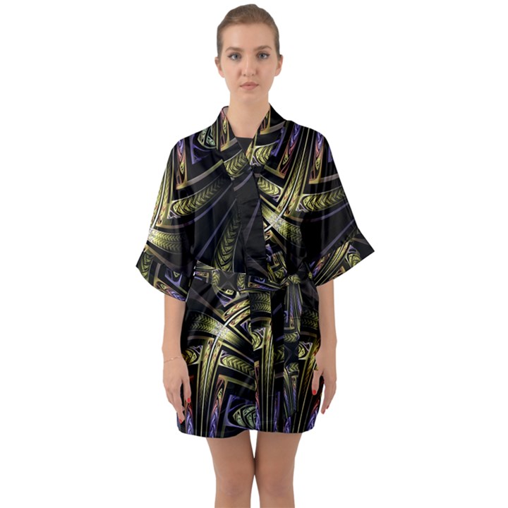 Fractal Texture Pattern Half Sleeve Satin Kimono 