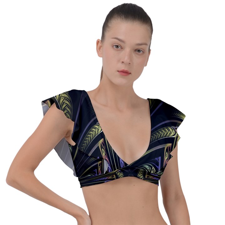 Fractal Texture Pattern Plunge Frill Sleeve Bikini Top