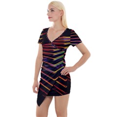 Abstract Neon Background Light Short Sleeve Asymmetric Mini Dress by HermanTelo