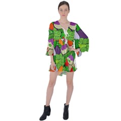 Vegetables Bell Pepper Broccoli V-neck Flare Sleeve Mini Dress by HermanTelo