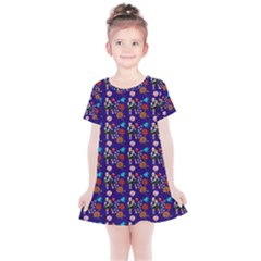 Retro Girls Dress In Black Pattern Blue Kids  Simple Cotton Dress by snowwhitegirl