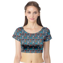 Retro Girls Dress In Black Pattern Blue Teal Short Sleeve Crop Top