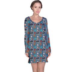 Retro Girls Dress In Black Pattern Blue Teal Long Sleeve Nightdress