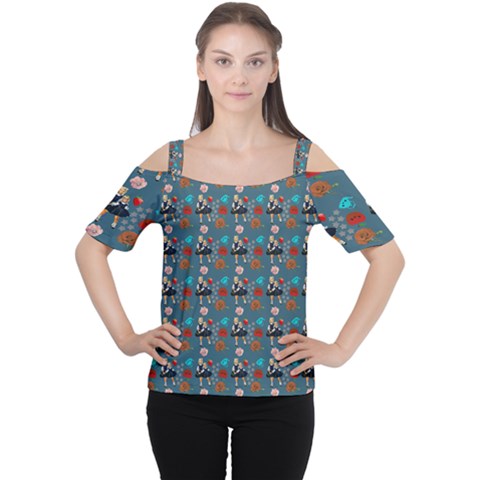 Retro Girls Dress In Black Pattern Blue Teal Cutout Shoulder Tee by snowwhitegirl