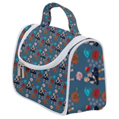 Retro Girls Dress In Black Pattern Blue Teal Satchel Handbag