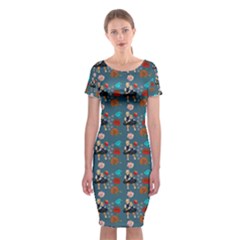 Retro Girls Dress In Black Pattern Blue Teal Classic Short Sleeve Midi Dress by snowwhitegirl