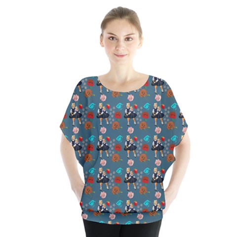 Retro Girls Dress In Black Pattern Blue Teal Batwing Chiffon Blouse by snowwhitegirl