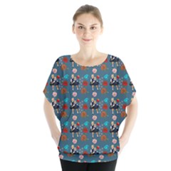 Retro Girls Dress In Black Pattern Blue Teal Batwing Chiffon Blouse