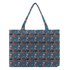 Retro Girls Dress In Black Pattern Blue Teal Medium Tote Bag