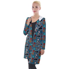 Retro Girls Dress In Black Pattern Blue Teal Hooded Pocket Cardigan by snowwhitegirl