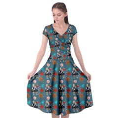 Retro Girls Dress In Black Pattern Blue Teal Cap Sleeve Wrap Front Dress by snowwhitegirl