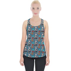 Retro Girls Dress In Black Pattern Blue Teal Piece Up Tank Top