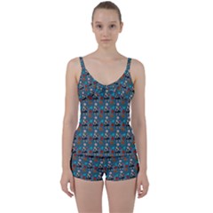 Retro Girls Dress In Black Pattern Blue Teal Tie Front Two Piece Tankini by snowwhitegirl