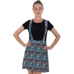 Retro Girls Dress In Black Pattern Blue Teal Velvet Suspender Skater Skirt by snowwhitegirl