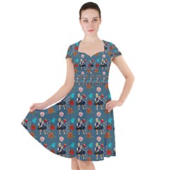 Retro Girls Dress In Black Pattern Blue Teal Cap Sleeve Midi Dress