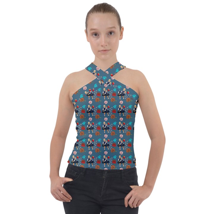 Retro Girls Dress In Black Pattern Blue Teal Cross Neck Velour Top