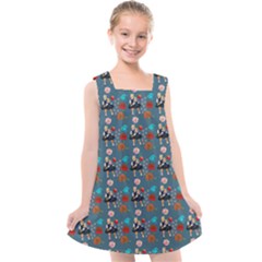 Retro Girls Dress In Black Pattern Blue Teal Kids  Cross Back Dress by snowwhitegirl