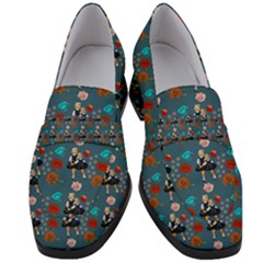 Retro Girls Dress In Black Pattern Blue Teal Women s Chunky Heel Loafers