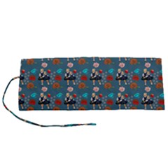 Retro Girls Dress In Black Pattern Blue Teal Roll Up Canvas Pencil Holder (s)