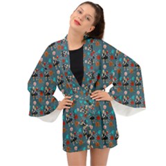 Retro Girls Dress In Black Pattern Blue Teal Long Sleeve Kimono