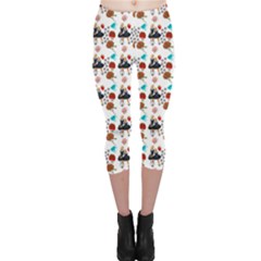 Retro Girls Dress In Black Pattern White Capri Leggings  by snowwhitegirl