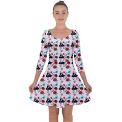 Retro Girls Dress In Black Pattern White Quarter Sleeve Skater Dress by snowwhitegirl