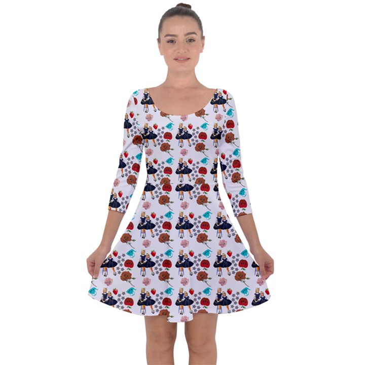 Retro Girls Dress In Black Pattern White Quarter Sleeve Skater Dress