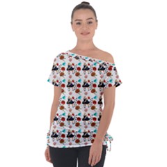 Retro Girls Dress In Black Pattern White Tie-up Tee