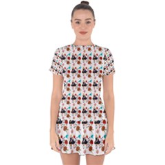 Retro Girls Dress In Black Pattern White Drop Hem Mini Chiffon Dress