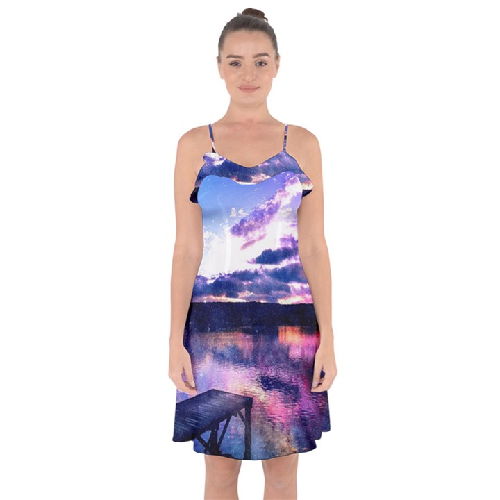 Photo Coucher du soleil Effet Galaxy Ruffle Detail Chiffon Dress