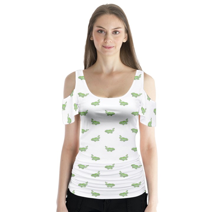 Iguana Sketchy Cartoon Style Drawing Pattern 2 Butterfly Sleeve Cutout Tee 