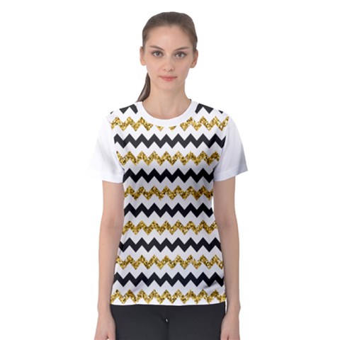 Black And Gold Glitters Zigzag Retro Pattern Golden Metallic Texture Women s Sport Mesh Tee by genx