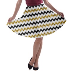 Black And Gold Glitters Zigzag Retro Pattern Golden Metallic Texture A-line Skater Skirt by genx