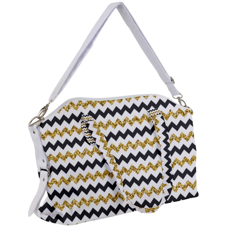 Black and Gold Glitters Zigzag Retro Pattern Golden metallic texture Canvas Crossbody Bag