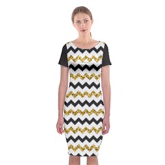 Black And Gold Glitters Zigzag Retro Pattern Golden Metallic Texture Classic Short Sleeve Midi Dress by genx