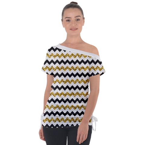 Black And Gold Glitters Zigzag Retro Pattern Golden Metallic Texture Tie-up Tee by genx