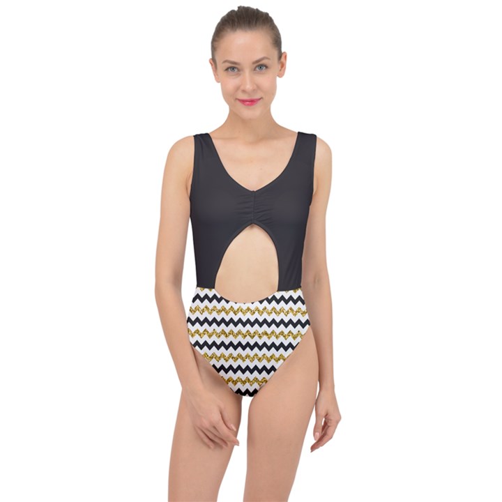 Black and Gold Glitters Zigzag Retro Pattern Golden metallic texture Center Cut Out Swimsuit