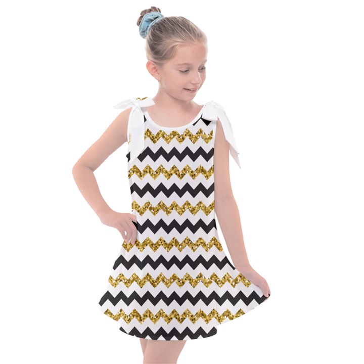 Black and Gold Glitters Zigzag Retro Pattern Golden metallic texture Kids  Tie Up Tunic Dress