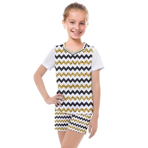 Black And Gold Glitters Zigzag Retro Pattern Golden Metallic Texture Kids  Mesh Tee And Shorts Set by genx