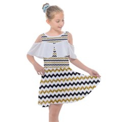 Black And Gold Glitters Zigzag Retro Pattern Golden Metallic Texture Kids  Shoulder Cutout Chiffon Dress by genx