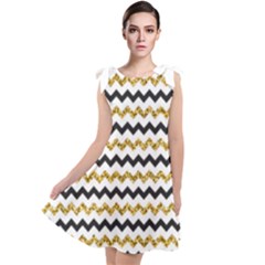 Black And Gold Glitters Zigzag Retro Pattern Golden Metallic Texture Tie Up Tunic Dress by genx