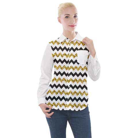 Black And Gold Glitters Zigzag Retro Pattern Golden Metallic Texture Women s Long Sleeve Pocket Shirt by genx