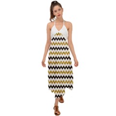 Black And Gold Glitters Zigzag Retro Pattern Golden Metallic Texture Halter Tie Back Dress  by genx