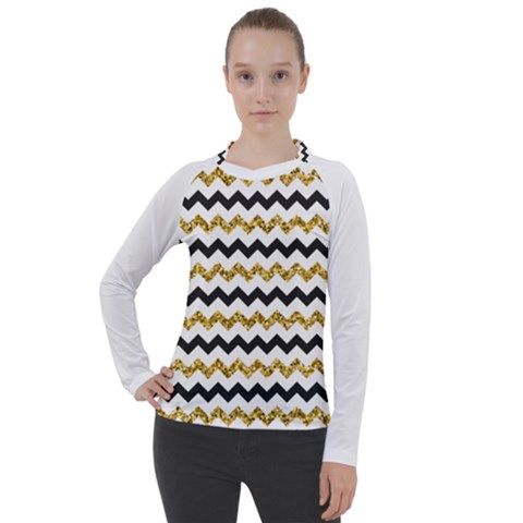 Black And Gold Glitters Zigzag Retro Pattern Golden Metallic Texture Women s Pique Long Sleeve Tee by genx